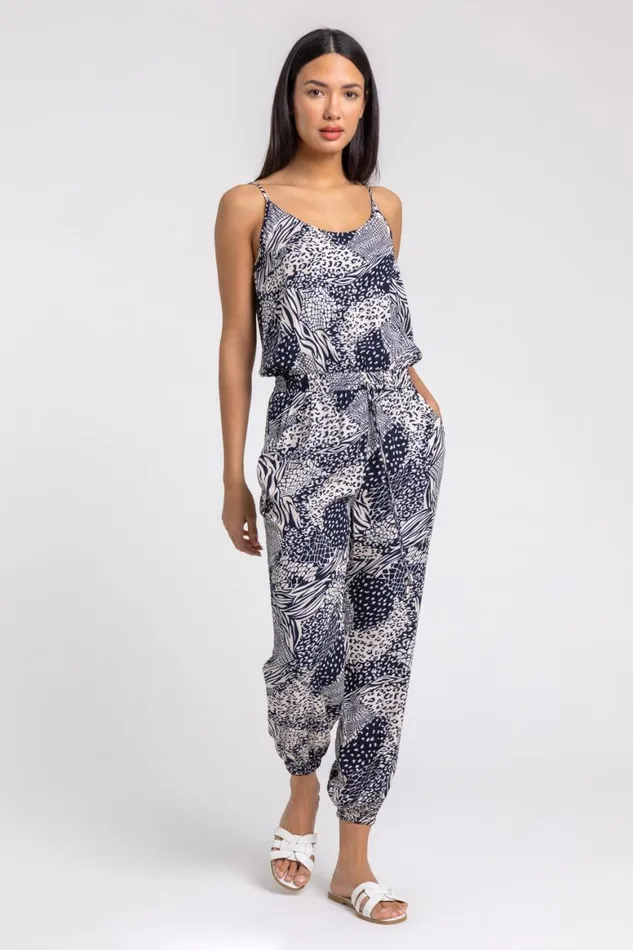 Women Navy Animal Print Shirred Cuff Jumpsuit Roman Dresses