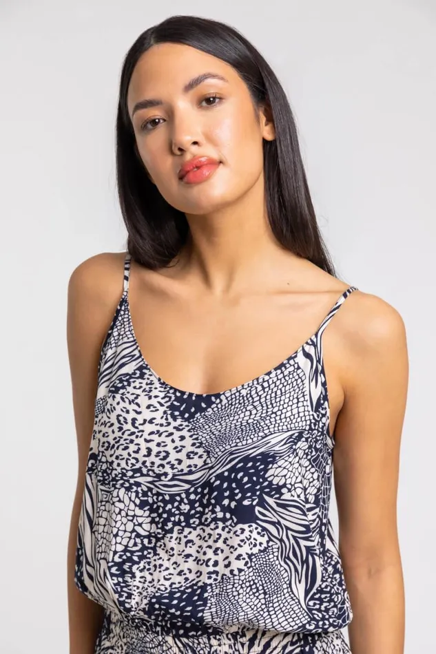 Women Navy Animal Print Shirred Cuff Jumpsuit Roman Dresses