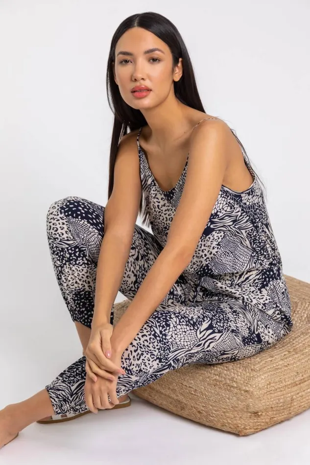 Women Navy Animal Print Shirred Cuff Jumpsuit Roman Dresses
