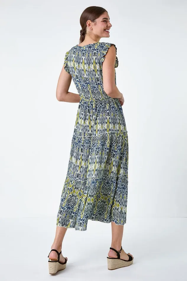 Women Navy Aztec Frill Detail Tiered Maxi Dress Roman Dresses