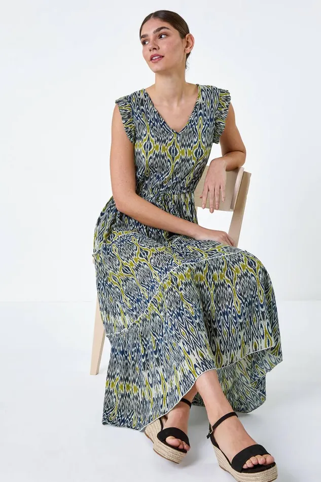 Women Navy Aztec Frill Detail Tiered Maxi Dress Roman Dresses