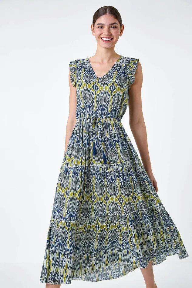 Women Navy Aztec Frill Detail Tiered Maxi Dress Roman Dresses