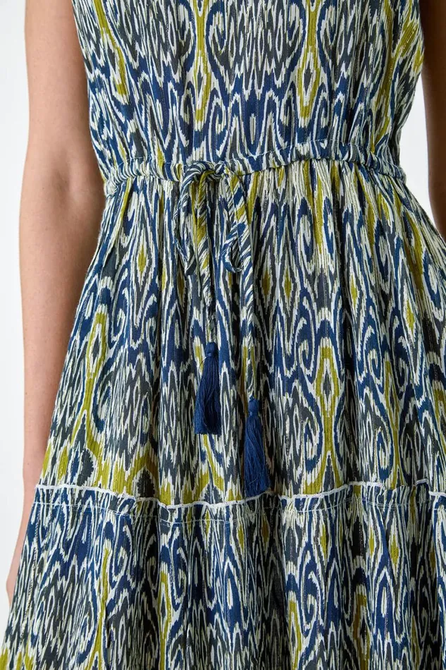 Women Navy Aztec Frill Detail Tiered Maxi Dress Roman Dresses