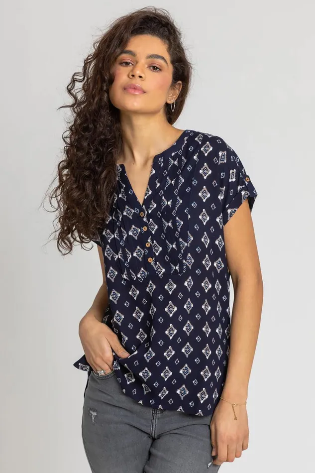 Women Navy Aztec Print Button VNeck Detail Top Roman Tops