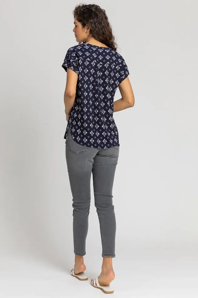 Women Navy Aztec Print Button VNeck Detail Top Roman Tops