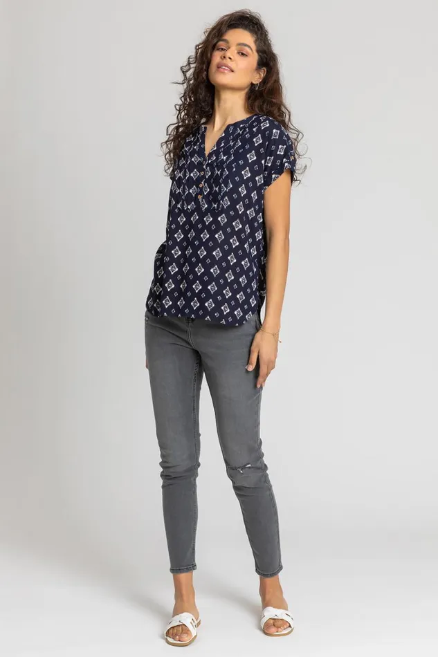 Women Navy Aztec Print Button VNeck Detail Top Roman Tops