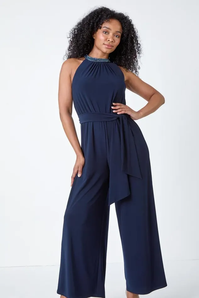 Women Navy Beaded Wide Leg Halterneck Stretch Jumpsuit Roman Dresses