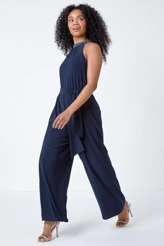 Women Navy Beaded Wide Leg Halterneck Stretch Jumpsuit Roman Dresses
