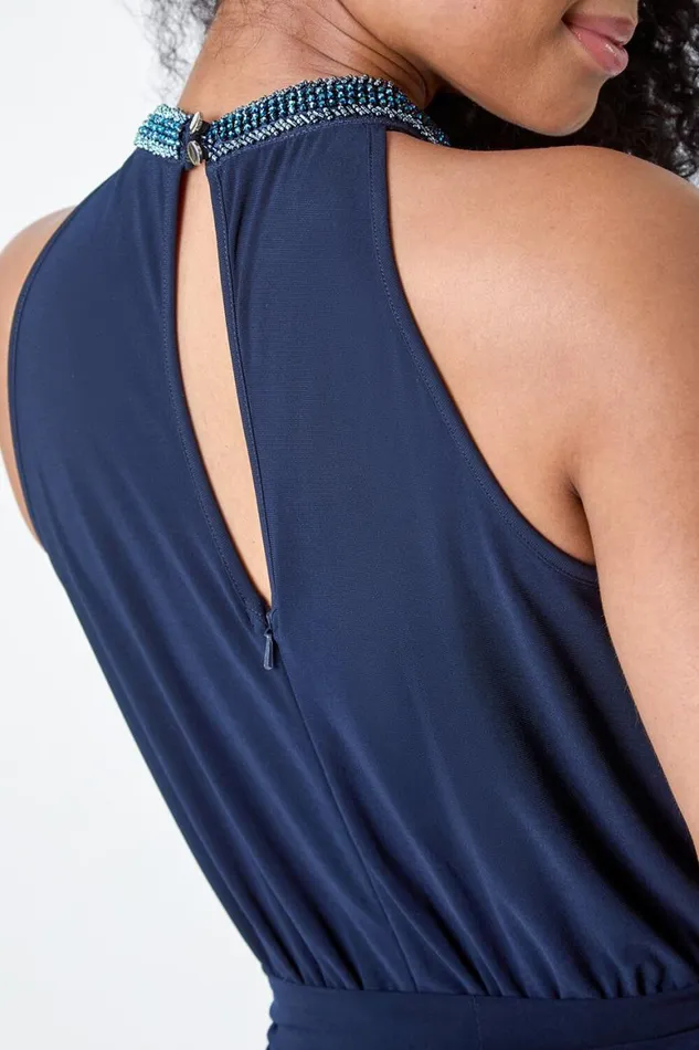 Women Navy Beaded Wide Leg Halterneck Stretch Jumpsuit Roman Dresses