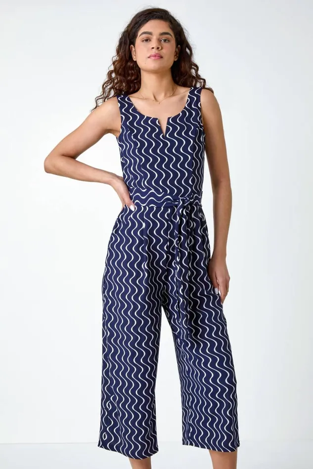 Women Navy Belted Wave Print Cropped Jumpsuit Roman Dresses