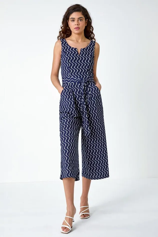 Women Navy Belted Wave Print Cropped Jumpsuit Roman Dresses