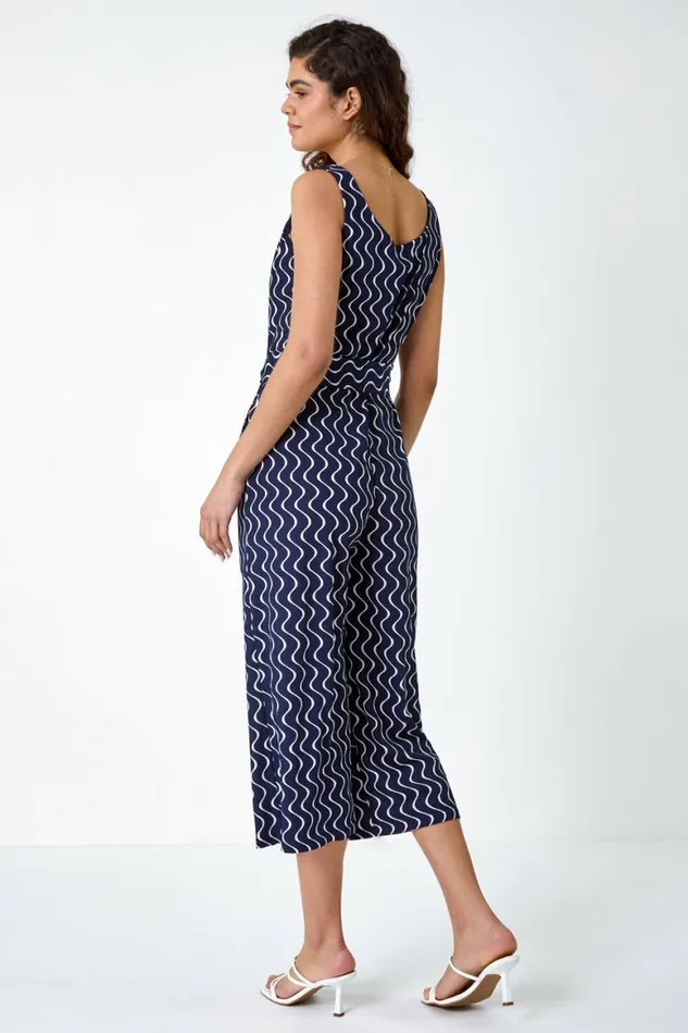 Women Navy Belted Wave Print Cropped Jumpsuit Roman Dresses