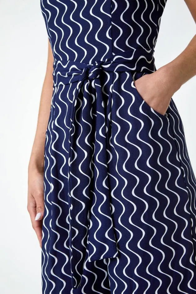 Women Navy Belted Wave Print Cropped Jumpsuit Roman Dresses