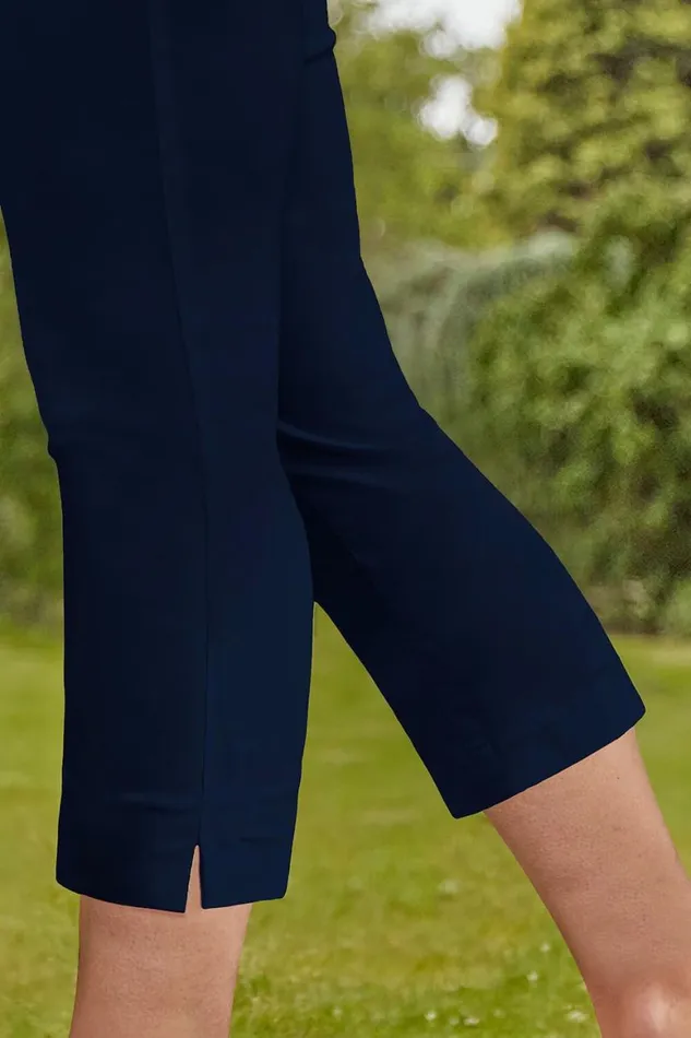 Women Navy Blue Elastic Waist Stretch Cropped Trousers Roman Coords