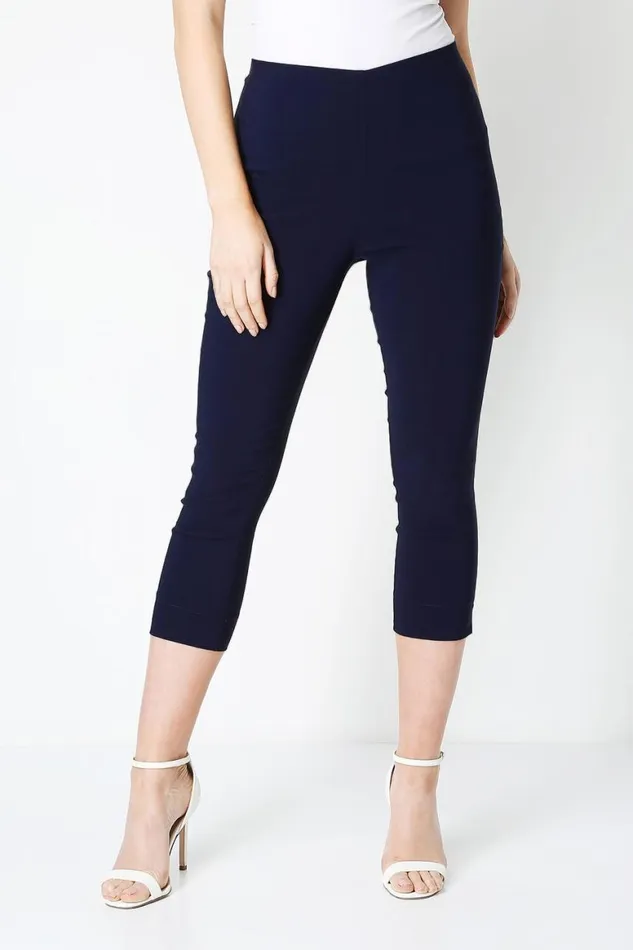 Women Navy Blue Elastic Waist Stretch Cropped Trousers Roman Coords