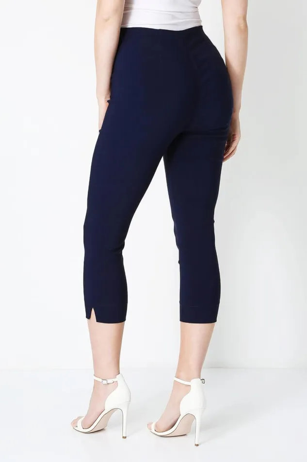 Women Navy Blue Elastic Waist Stretch Cropped Trousers Roman Coords