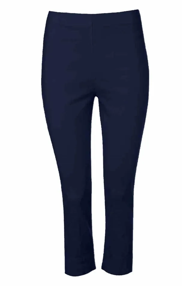 Women Navy Blue Elastic Waist Stretch Cropped Trousers Roman Coords
