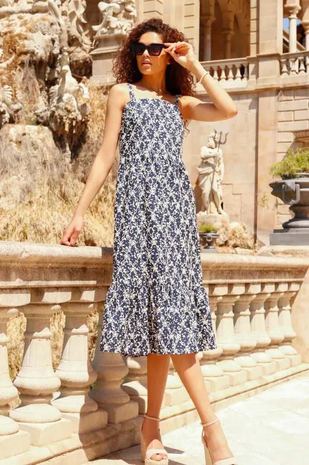 Women Navy Broderie Detail Cotton Midi Dress Roman Dresses