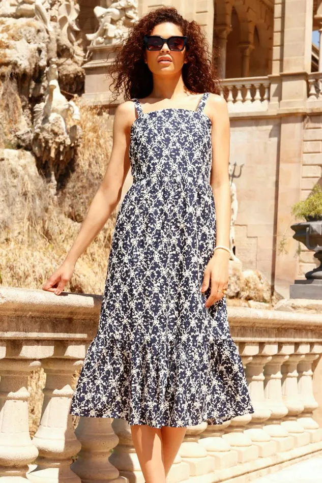 Women Navy Broderie Detail Cotton Midi Dress Roman Dresses