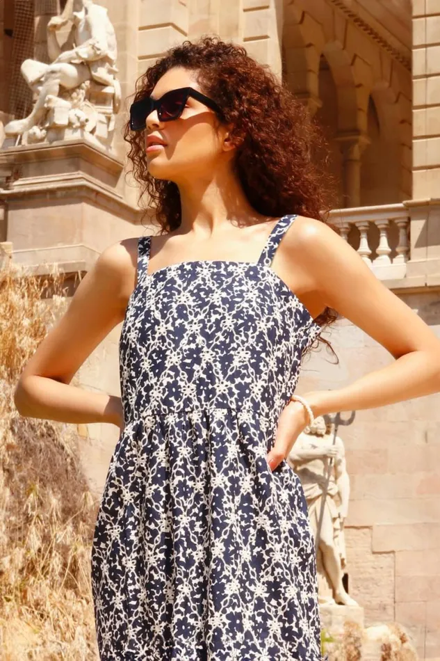 Women Navy Broderie Detail Cotton Midi Dress Roman Dresses