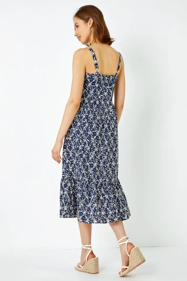 Women Navy Broderie Detail Cotton Midi Dress Roman Dresses