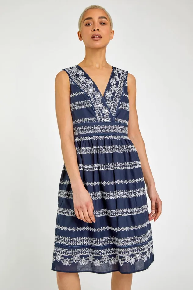 Women Navy Broderie Detail Fit and Flare Day Dress Roman Dresses