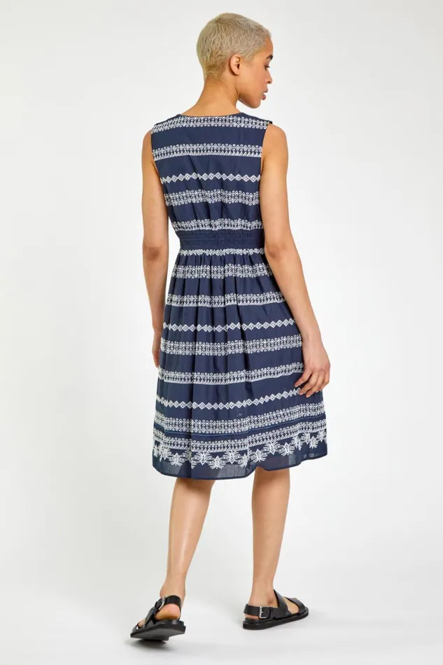 Women Navy Broderie Detail Fit and Flare Day Dress Roman Dresses