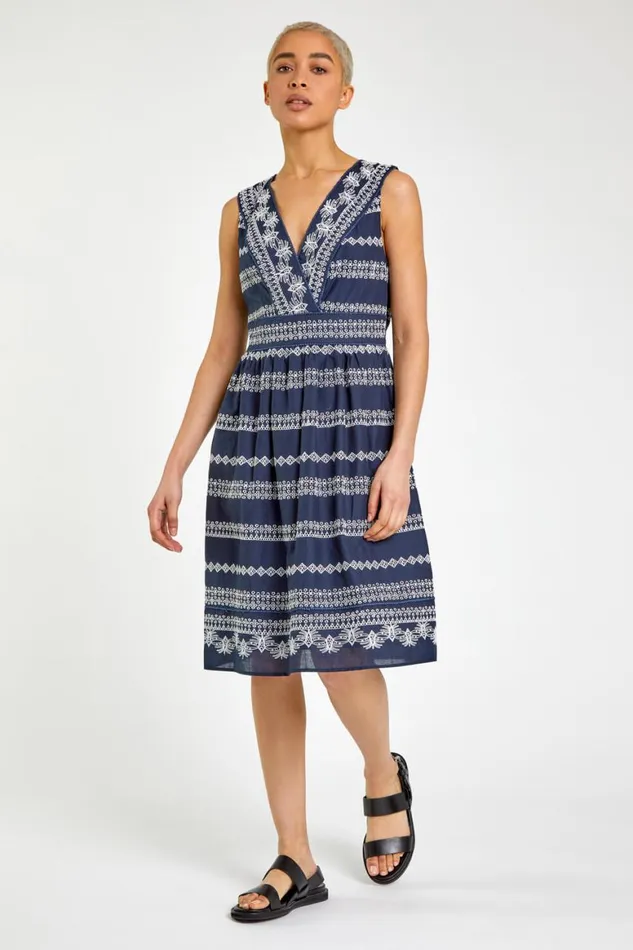 Women Navy Broderie Detail Fit and Flare Day Dress Roman Dresses