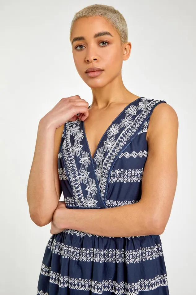 Women Navy Broderie Detail Fit and Flare Day Dress Roman Dresses