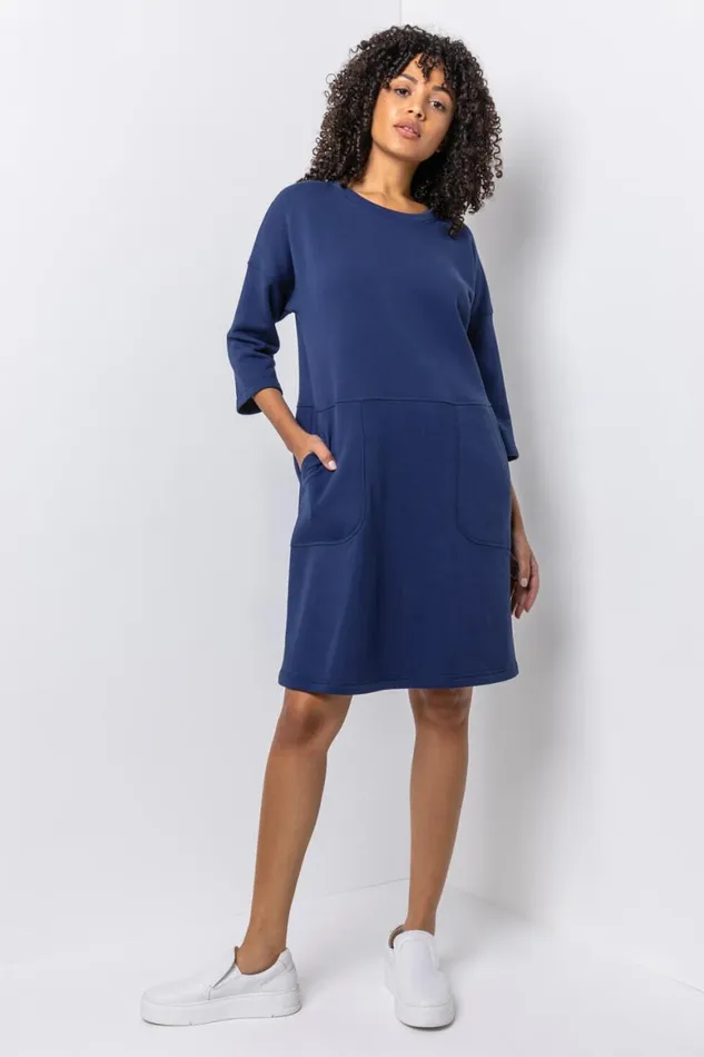 Women Navy Comfy Panel Pocket Dress Roman Dresses