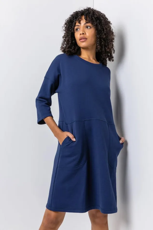 Women Navy Comfy Panel Pocket Dress Roman Dresses
