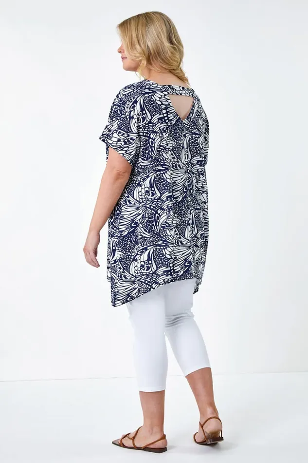 Women Navy Curve Butterfly Bar Back Stretch Top Roman Tops