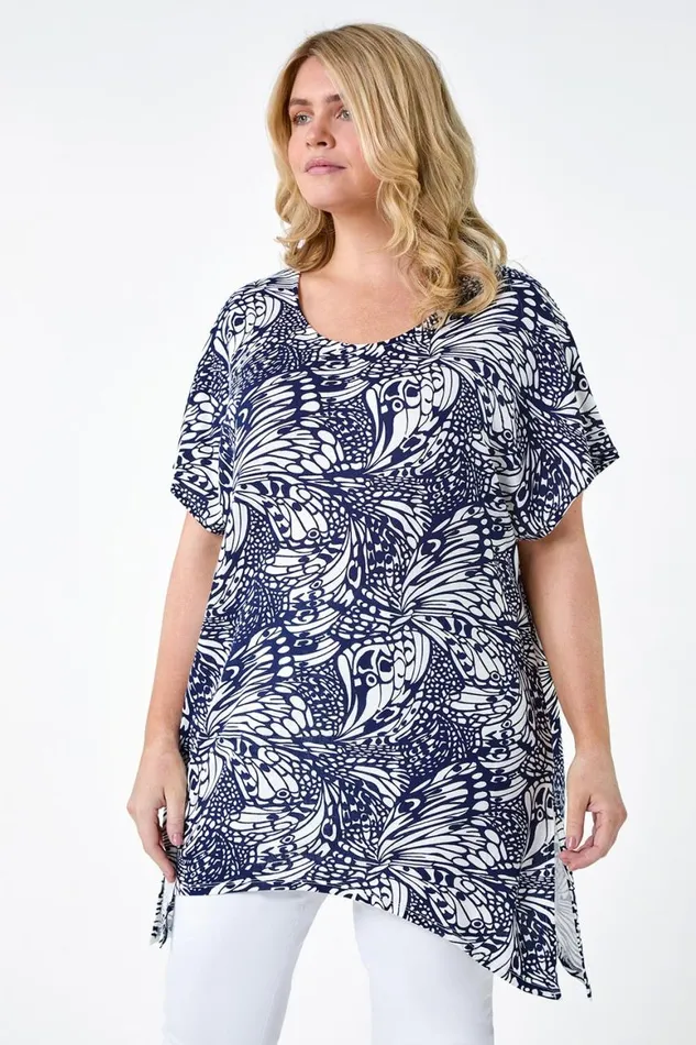 Women Navy Curve Butterfly Bar Back Stretch Top Roman Tops