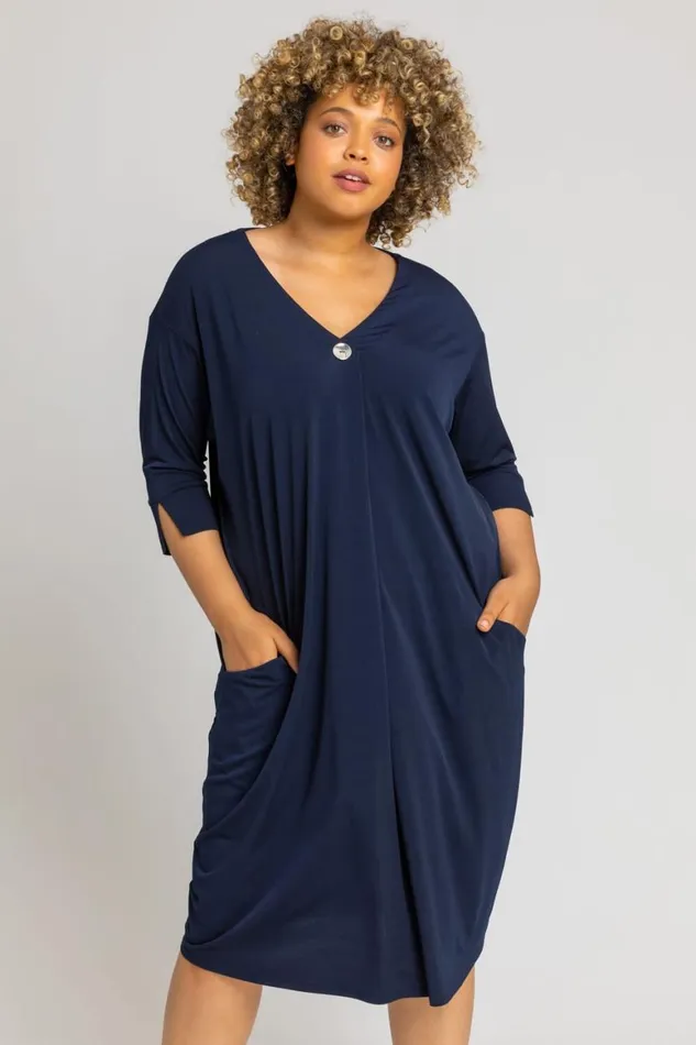 Women Navy Curve Button Detail Cocoon Dress Roman Dresses