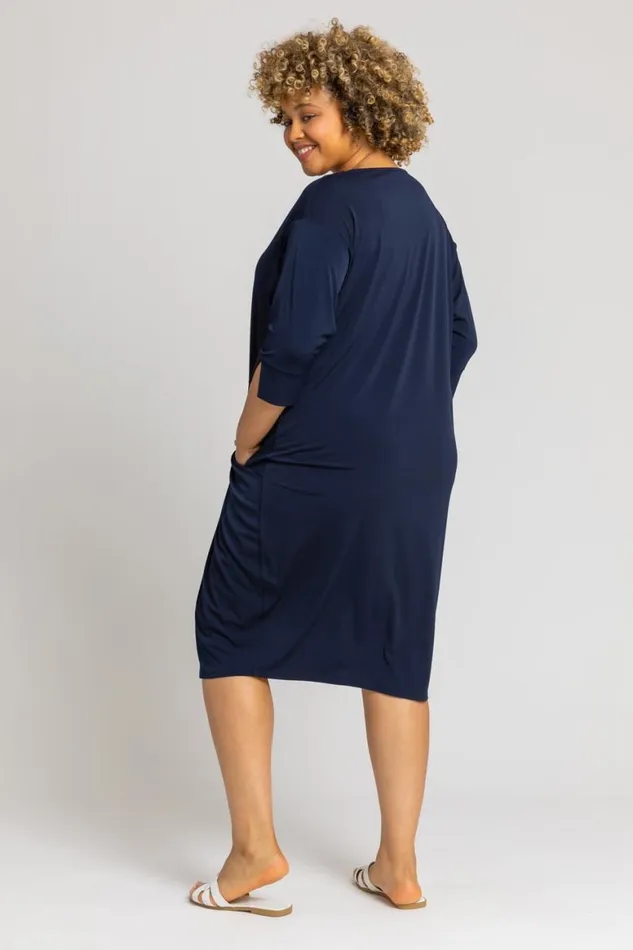 Women Navy Curve Button Detail Cocoon Dress Roman Dresses