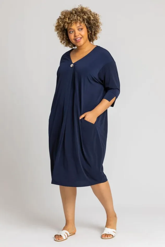 Women Navy Curve Button Detail Cocoon Dress Roman Dresses