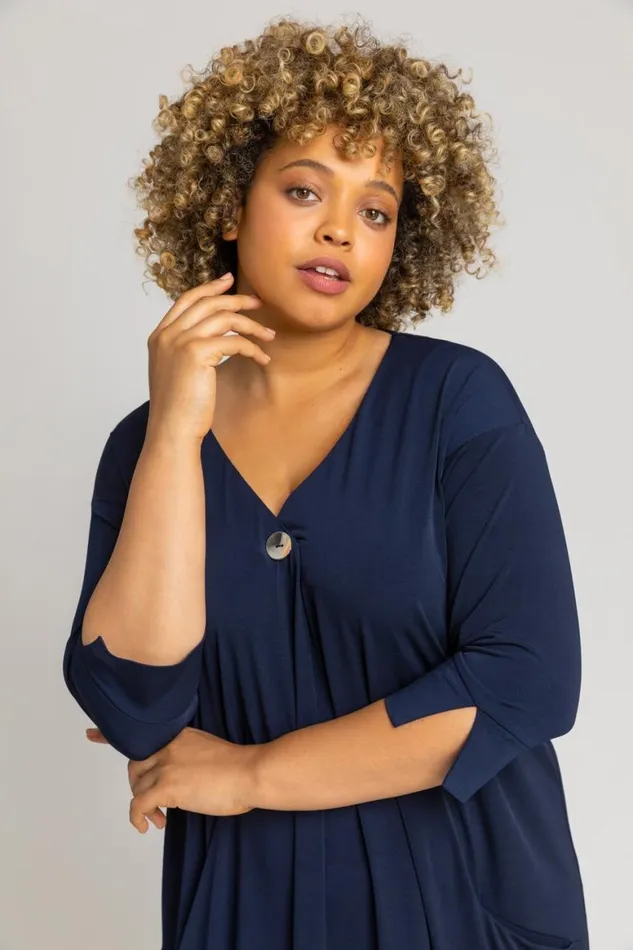 Women Navy Curve Button Detail Cocoon Dress Roman Dresses