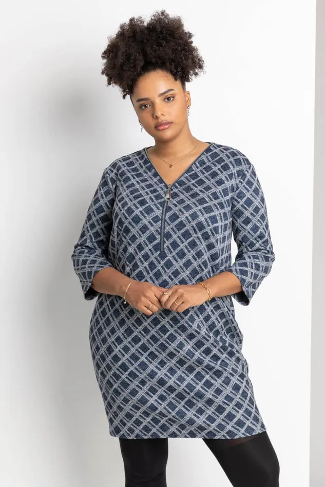 Women Navy Curve Check Print Zip Dress Roman Dresses