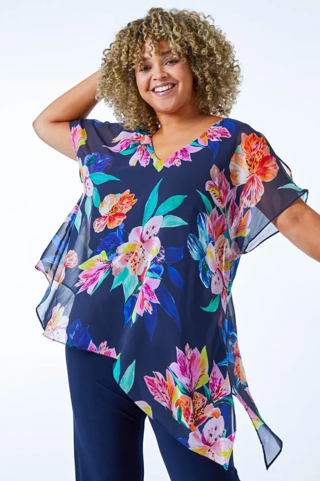 Women Navy Curve Chiffon Overlay Jumpsuit Roman Dresses