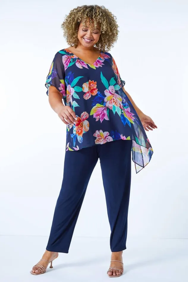 Women Navy Curve Chiffon Overlay Jumpsuit Roman Dresses