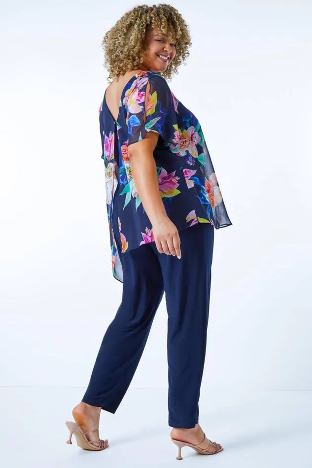 Women Navy Curve Chiffon Overlay Jumpsuit Roman Dresses