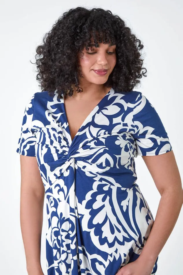 Women Navy Curve Floral Print Twist Front Dress Roman Dresses