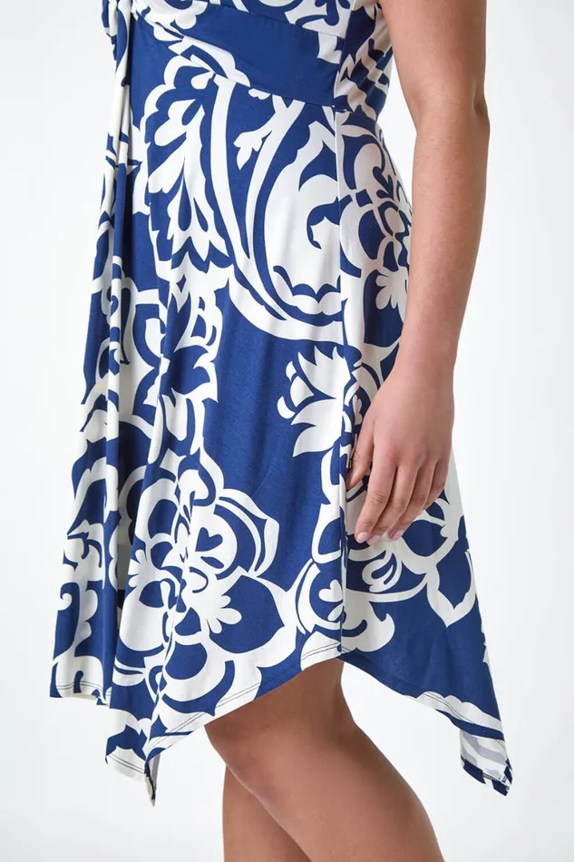 Women Navy Curve Floral Print Twist Front Dress Roman Dresses