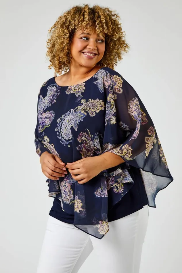 Women Navy Curve Paisley Print Chiffon Top Roman Tops