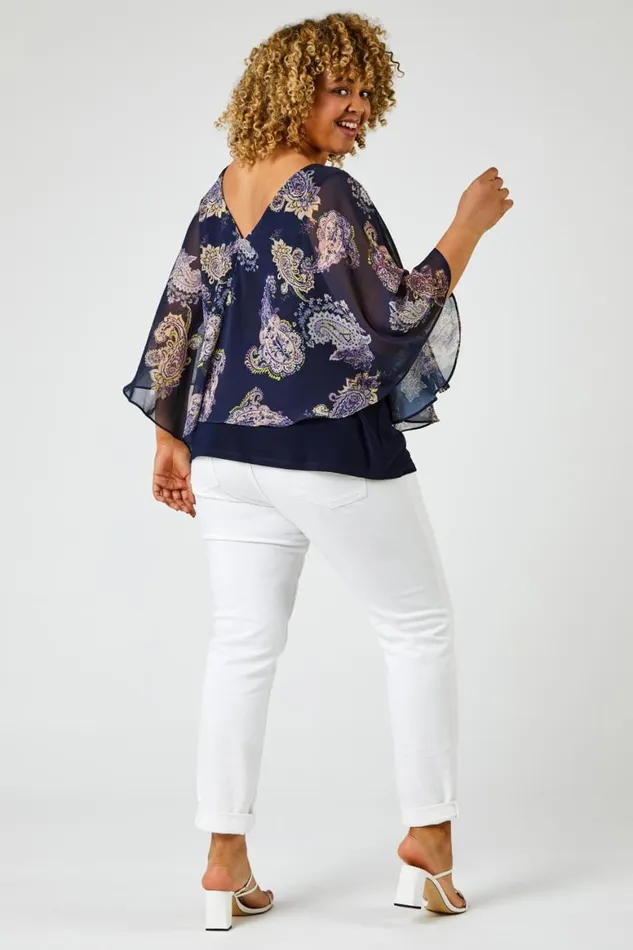 Women Navy Curve Paisley Print Chiffon Top Roman Tops