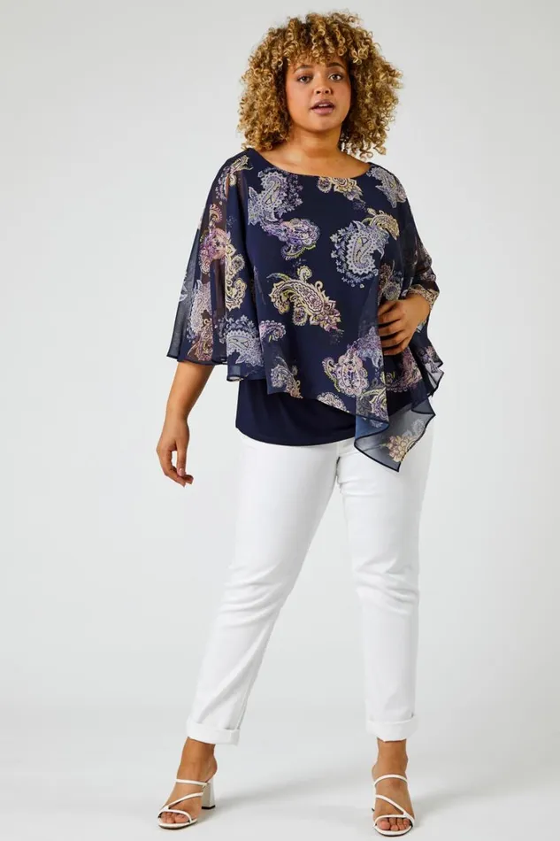 Women Navy Curve Paisley Print Chiffon Top Roman Tops