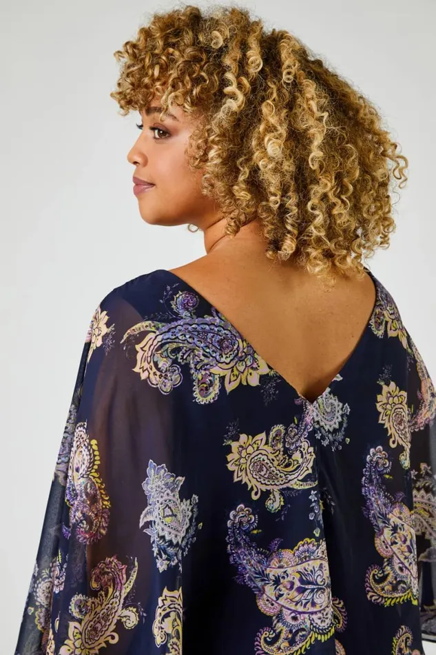 Women Navy Curve Paisley Print Chiffon Top Roman Tops