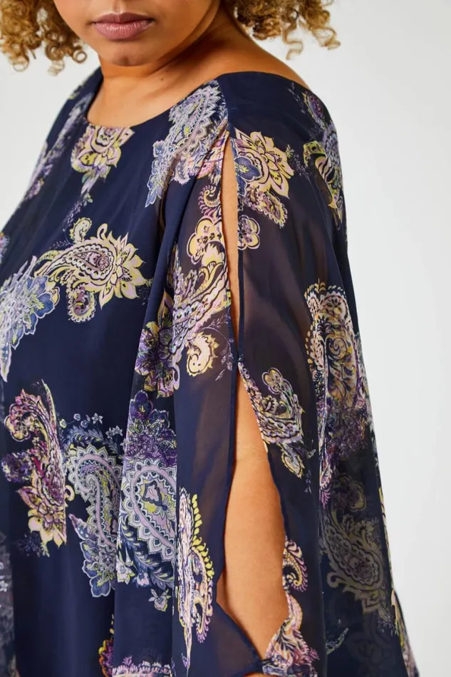 Women Navy Curve Paisley Print Chiffon Top Roman Tops