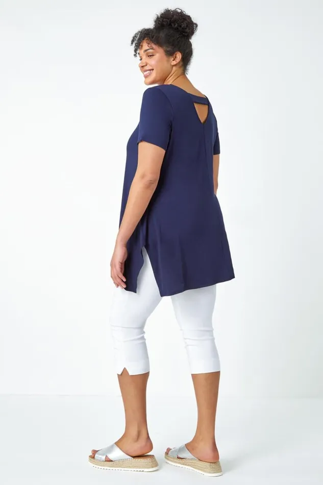 Women Navy Curve Plain Bar Back Stretch Top Roman Tops