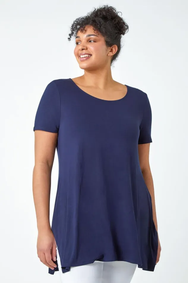 Women Navy Curve Plain Bar Back Stretch Top Roman Tops